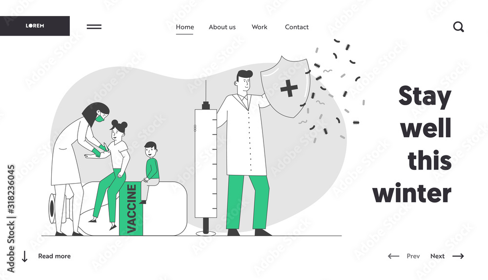 Medical Vaccination Website Landing Page. Doctor Holding Shield and Syringe Protecting Nurse Making Vaccine to Kids Protecting from Viruses Web Page Banner. Cartoon Flat Vector Illustration, Line Art