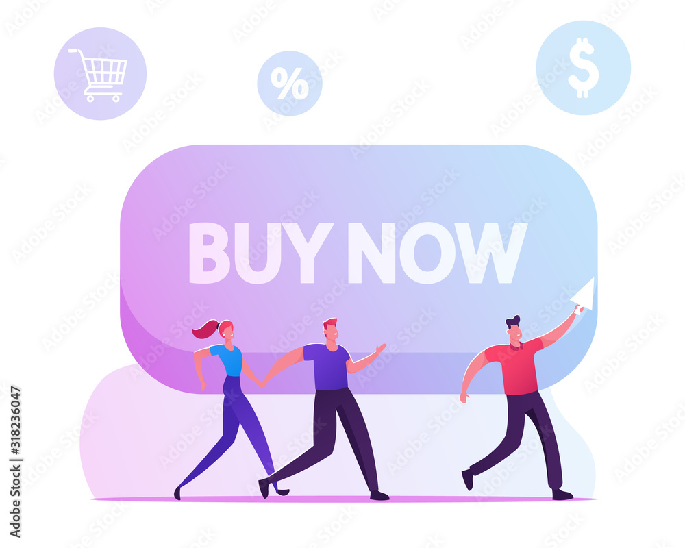 Happy Couple Following Man with Cursor Arrow in Hand Passing by Huge Button with Buy Now Inscription and Shopping Icons Flying around. Black Friday, Total Sale Concept Cartoon Flat Vector Illustration