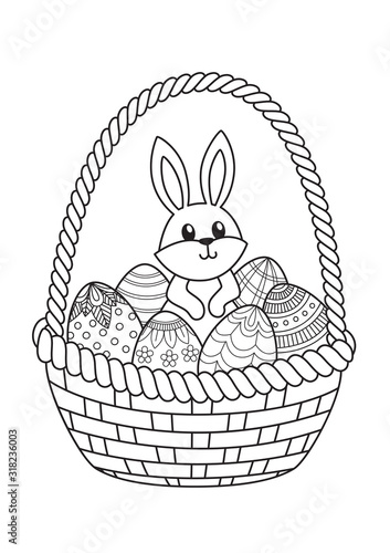 Doodle coloring book page easter bunny in bucket with easter eggs