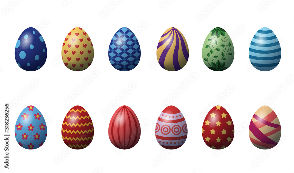 Fototapeta premium Realistic vector color Easter eggs set with different patterns.