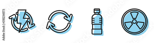 Set line Bottle of water, Recharging, Refresh and Radioactive icon. Vector