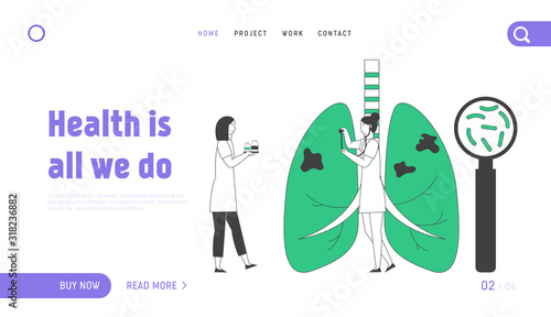Tuberculosis Website Landing Page. Doctor with Magnifier Search Bacteria and Mycobacterium in Lungs, Listening Breathing with Stethoscope Web Page Banner. Cartoon Flat Vector Illustration, Line Art