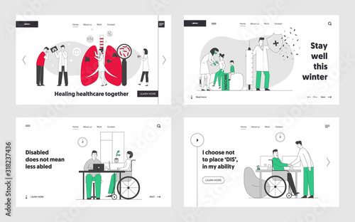 Medical Pulmonological Care, Vaccination, Disabled Employment Website Landing Page Set. Tuberculosis Treatment, Handicapped Hiring Job, Web Page Banner. Cartoon Flat Vector Illustration, Line Art
