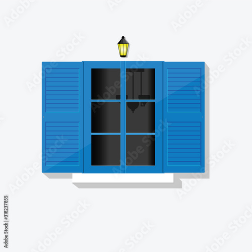 greek blue window vector illustration with lamp