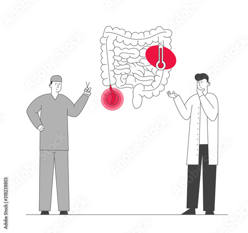 Doctor and Surgeon Stand at Human Intestines with Sore Appendix Infographics Decide Strategy of Treatment. Abdominal Pain, Gastrointestinal System Disease Cartoon Flat Vector Illustration Line Art