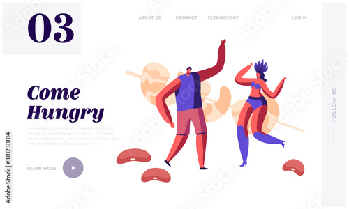People Enjoying Traditional Meal in Brazil Website Landing Page. Cheerful Man and Woman Samba Dancer Rejoice and Dancing at Huge Fried Prawns on Stick Web Page Banner. Cartoon Flat Vector Illustration