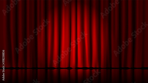 Stage curtains light by searchlight. Realistic theater red dramatic curtains, spotlight on stage theatrical classic drapery vector template illustration. Circus and movie hall, standup interior scene