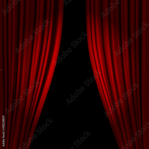 Open theatrical stage curtain. Realistic circus or opera curtains, stage red dramatic drapery. Scarlet velvet curtains in spotlight vector illustration. Circus and movie hall, standup classic interior