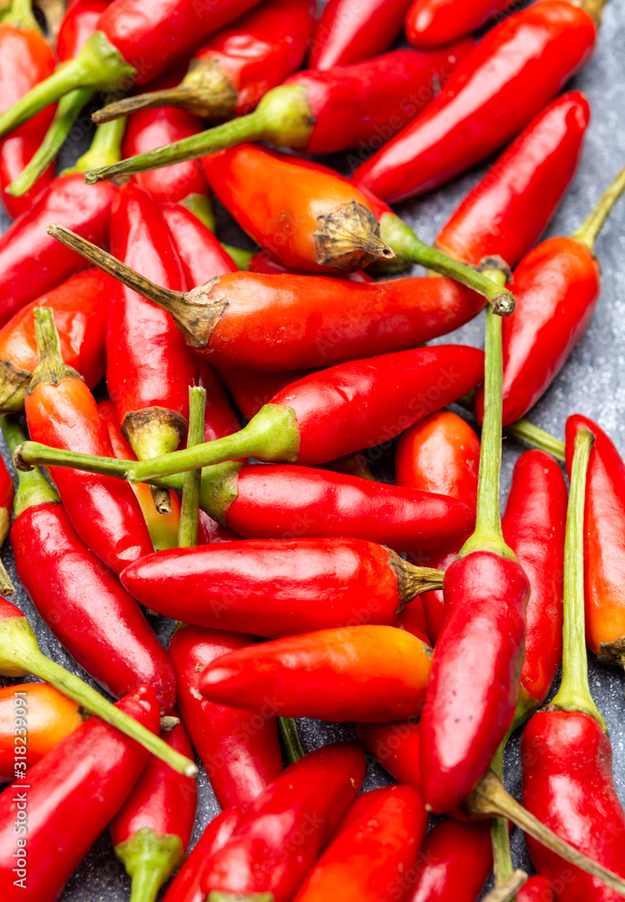 Fresh small red hot chili peppers on grey background