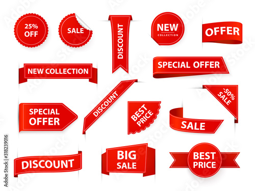 Label tags. Realistic price ribbon tag, red market flags, retail and marketing best offer labels and stickers. Shopping sales sticker template vector illustration set. Corner sale new product elements