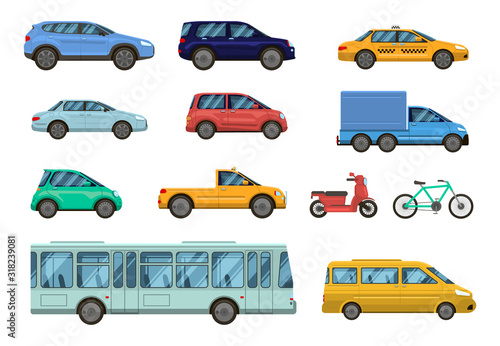 Transportation vehicle. Public cars, taxi, city bus and motorcycle, bike. Road urban public transport, car side view collection vector isolated set