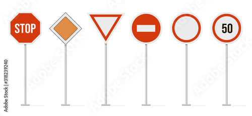 Highway road signs. Traffic road, highway limit speed street sign, restricted urban and highway symbols. Regulatory, warning, and guide character signs vector isolated icon set. Direction sign boards