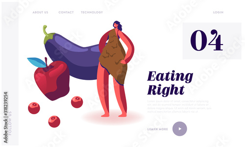 Paleo Diet Concept Website Landing Page. Cave Woman in Animal Skin Stand near Apple and Eggplant. Dietary Plan of People Eat Food at Paleolithic Era Web Page Banner. Cartoon Flat Vector Illustration