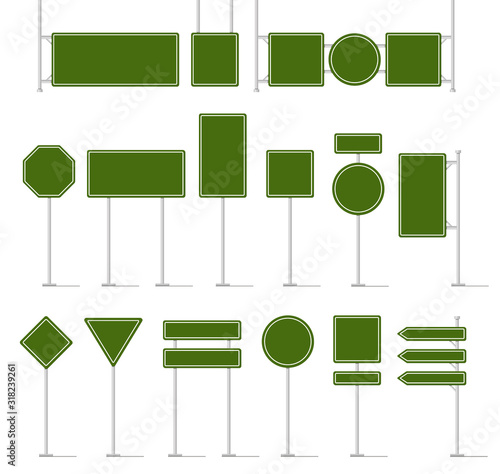 Road traffic signboard. Green blank traffic signs, empty direction sign board mockup, street location arrow and warning highway square text panel and billboard vector isolated icon in different shapes
