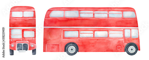 Photography Watercolour illustration collection of various sides of red double-decker bus