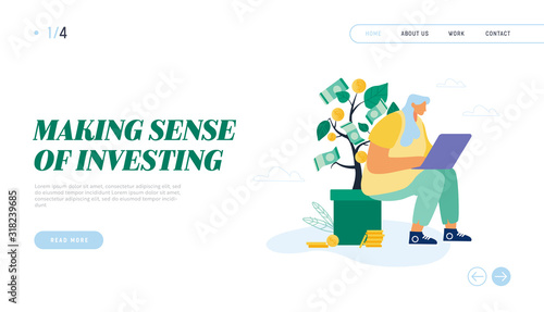 Freelancer Remote Work, Investment, Trading Strategy Website Landing Page. Businesswoman Sitting at Pot with Money Tree, Banknotes Hanging on Branches Web Page Banner. Cartoon Flat Vector Illustration