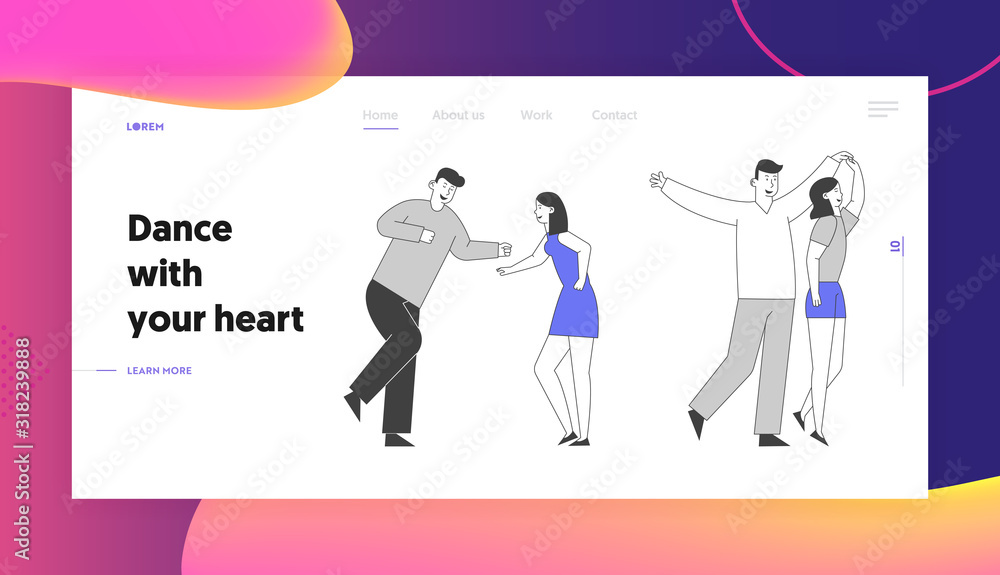 Dance Recreation Amusement Website Landing Page. Happy Man and Woman Spend Time Together Dancing and Having Fun. Young Couple Relationship Web Page Banner. Cartoon Flat Vector Illustration, Line Art