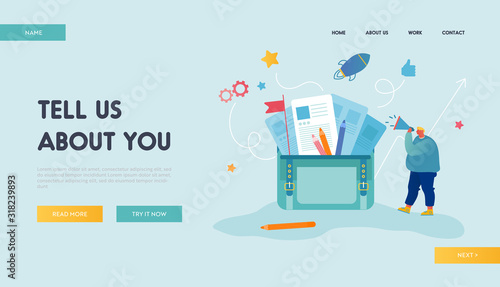 Recruitment Website Landing Page. Businessman with Loudspeaker Stand at Huge Portfolio with Business Attributes. Human Resource Research, Head Hunter Web Page Banner. Cartoon Flat Vector Illustration