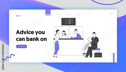 Account Management, Financial Electronic Queuing System Service Website Landing Page. People Wait in Bank Queue Look at Display Number Board Web Page Banner. Cartoon Flat Vector Illustration, Line Art