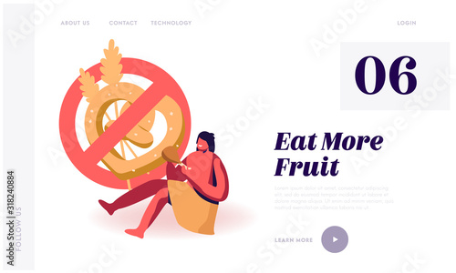 Paleo Diet, Nutrition of Ancient People Website Landing Page. Cave Human Child Wearing Animal Skin Eating Meat with Sign Prohibit Bakery Production Web Page Banner. Cartoon Flat Vector Illustration
