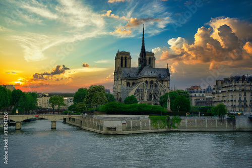 Notre Dame de Paris before the Fire incident, under an amazing Sky. Paris, France, Europe.