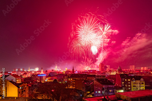 Novi Sad, Serbia January 01, 2020: New Year's fireworks in Novi Sad. Panorama of Novi Sad