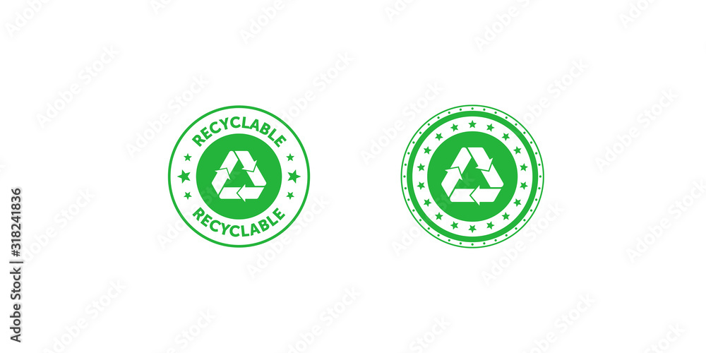 Set of recyclable green circle badge with Mobius strip and stars. Design element for packaging design and promotional material. Vector illustration. Set of recyclable green circle badge with Mobius strip and stars. Design element for packaging design and promotional material. Vector illustration.