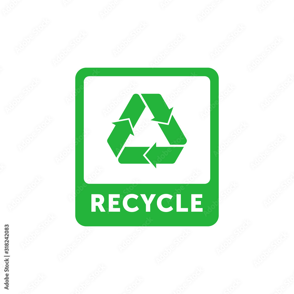 Recycle green rectangle sticker with Mobius strip, band or loop. Design element for packaging design and promotional material. Vector illustration. Recycle green rectangle sticker with Mobius strip, band or loop. Design element for packaging design and promotional material. Vector illustration.