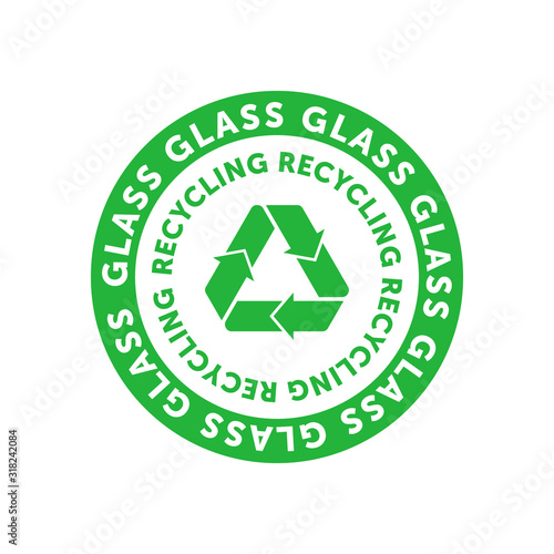 Recycling glass green circle badge with Mobius strip, band or loop. Design element for packaging design and promotional material. Vector illustration.