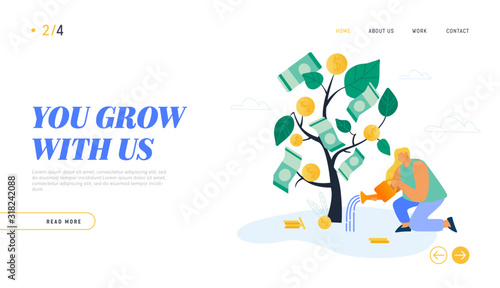 Time is Money, Investment Website Landing Page. Businesswoman Watering Dollar Plant Growth Wealth Capital. Tree with Golden Coins and Paper Bills Web Page Banner. Cartoon Flat Vector Illustration