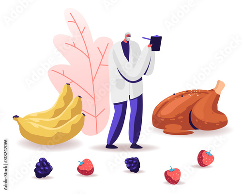 Male Senior Doctor Nutritionist Wearing White Robe Holding Clipboard Stand near Fried Chicken, Bananas and Berries around. Dietology Science, Healthy Nutrition Concept Cartoon Flat Vector Illustration