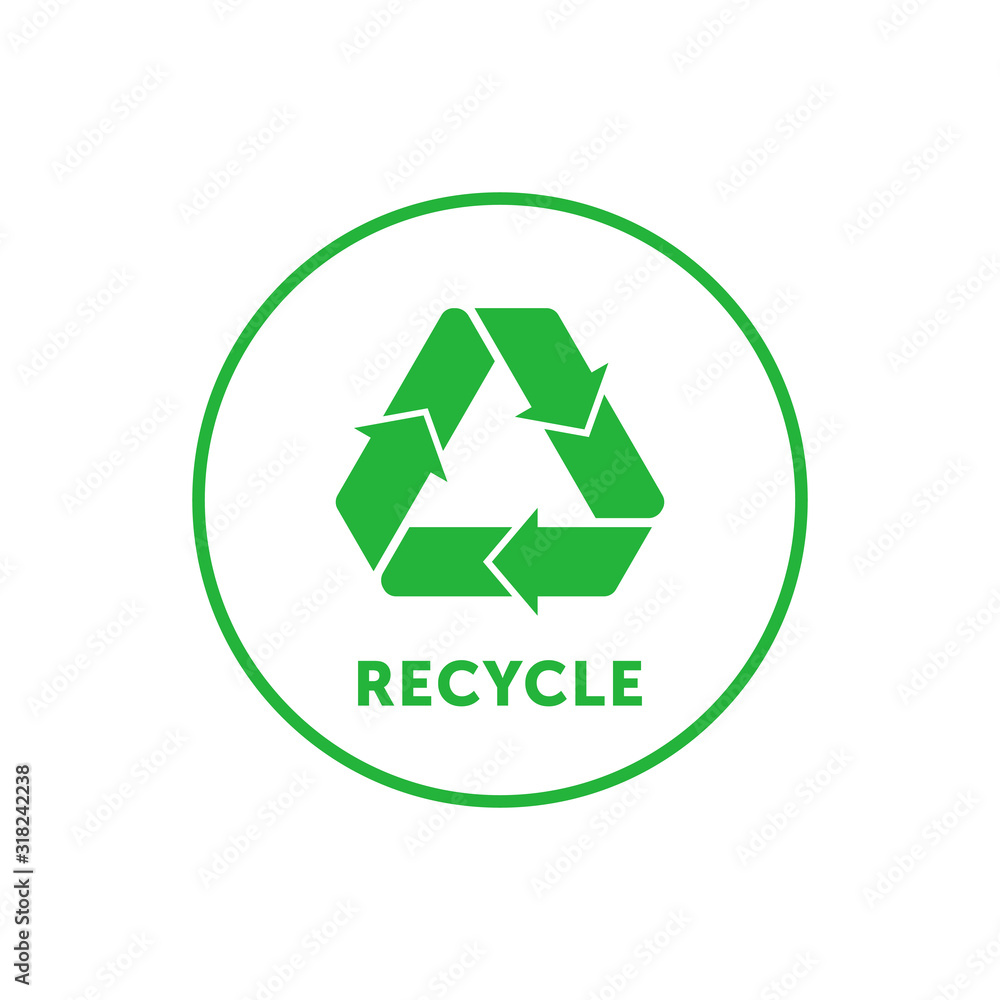 Recycling simple green round sticker with Mobius strip, band or loop. Design element for packaging design and promotional material. Vector illustration. Recycling simple green round sticker with Mobius strip, band or loop. Design element for packaging design and promotional material. Vector illustration.