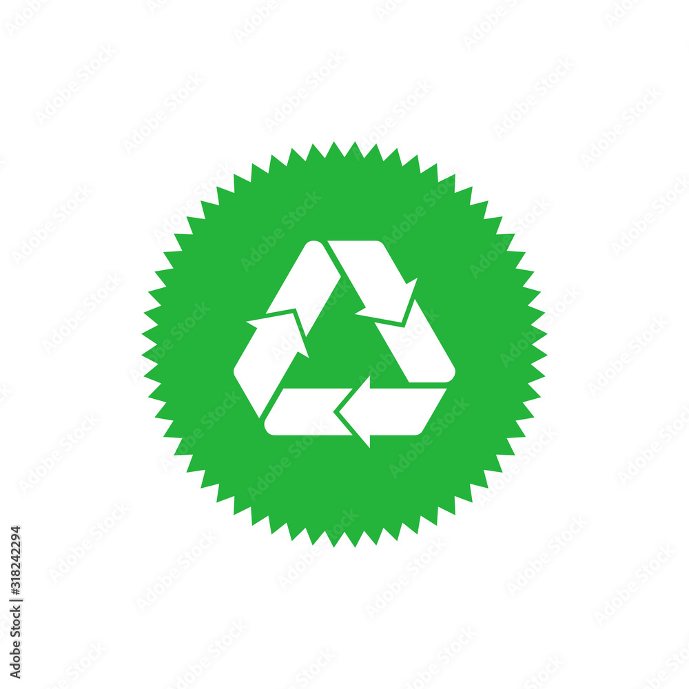 Recycling sign green star badge with Mobius strip. Design element for packaging design and promotional material. Vector illustration. Recycling sign green star badge with Mobius strip. Design element for packaging design and promotional material. Vector illustration.