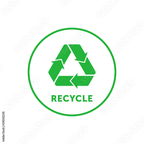 Recycling simple green round sticker with Mobius strip, band or loop. Design element for packaging design and promotional material. Vector illustration.