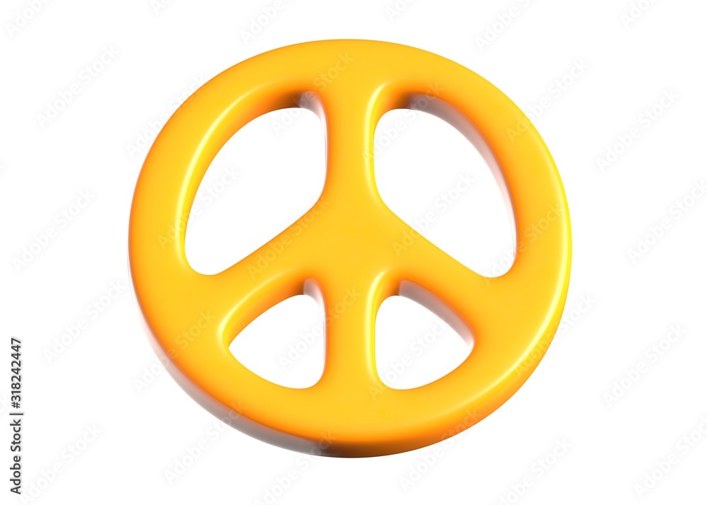 3D render of yellow Peace sign on isolated white.