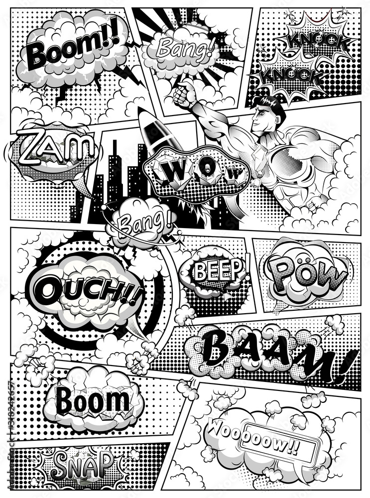 Fototapeta premium Black and white comic book page divided by lines with speech bubbles, rocket, superhero and sounds effect. Illustration