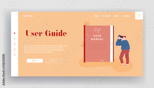 Tutorial Information, Answer Research, Help Website Landing Page. Man Looking to Binoculars on Huge User Manual Instruction for Technical Equipment Web Page Banner. Cartoon Flat Vector Illustration