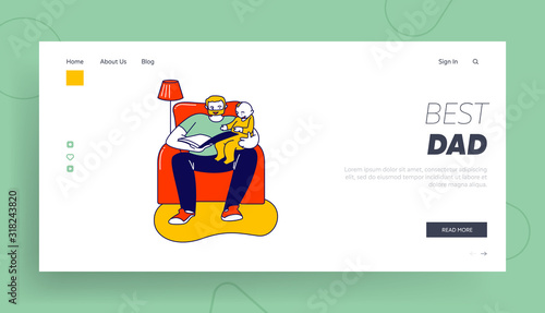 Single Father Reading Book to Son Website Landing Page. Happy Family Spend Time at Home Together. Baby Boy Listening Dad Read before Sleeping Web Page Banner. Cartoon Flat Vector Illustration Line Art