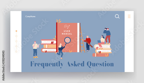 User Manual Website Landing Page. People with Some Office Stuff Discussing Content of Guide. People Read Book with Instructions for Equipment, Help Web Page Banner. Cartoon Flat Vector Illustration