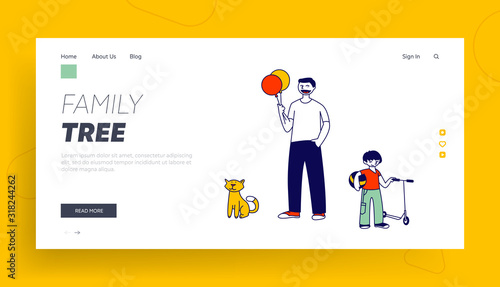 Father Day Holiday, Summertime Vacation Website Landing Page. Happy Family Little Cheerful Boy Walking with Dad Having Fun Outdoors. Weekend Web Page Banner. Cartoon Flat Vector Illustration, Line Art