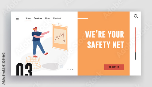 Trading Risks and Economy Crisis Website Landing Page. Blindfold Businessman or Trader Stand on Edge of Pile of Golden Coins front of Arrow Going Down Web Page Banner. Cartoon Flat Vector Illustration