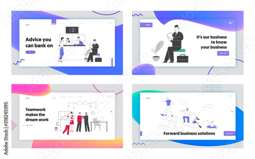 Contemporary Technologies in Banking System and Business Website Landing Page Set. Customer or Business Man Waiting at Electronic Queue Web Page Banner. Cartoon Flat Vector Illustration, Line Art