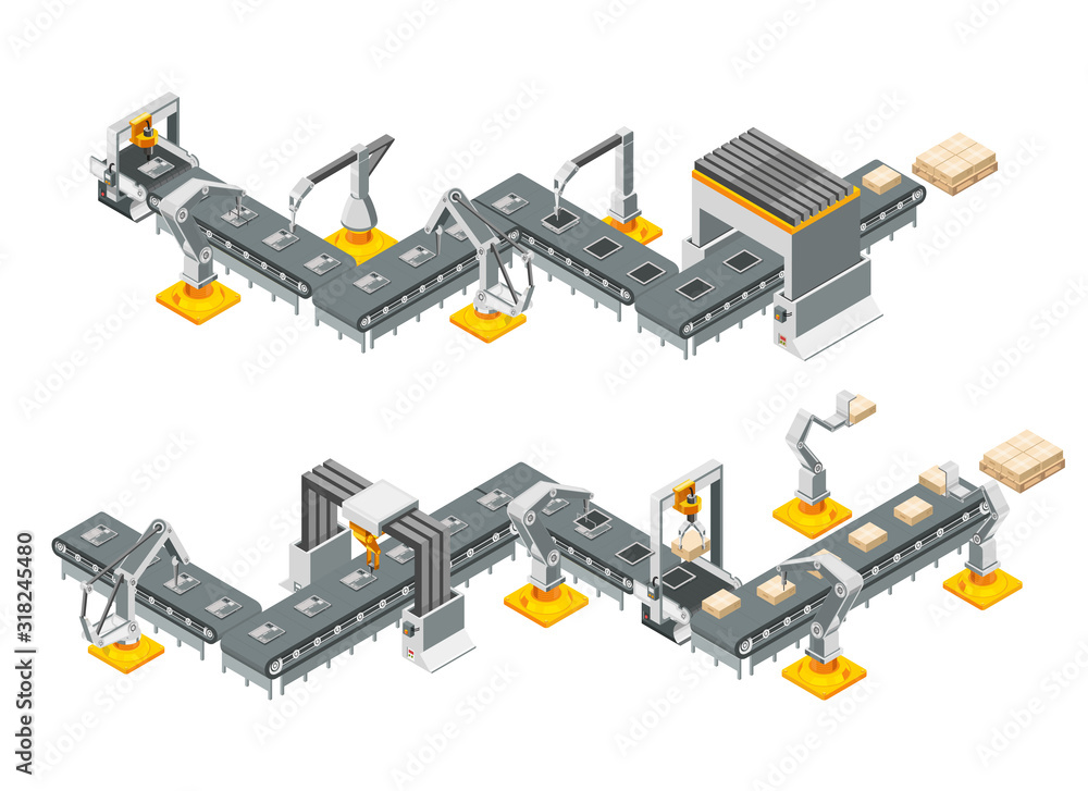 Conveyor lines of the automatic factory with robotic arms. Assembly process. Illustration Conveyor lines of the automatic factory with robotic arms. Assembly process. Illustration