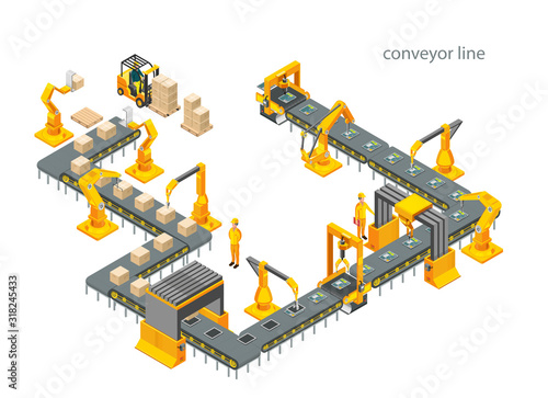 Automatic factory with conveyor line and robotic arms. Assembly process. Illustration