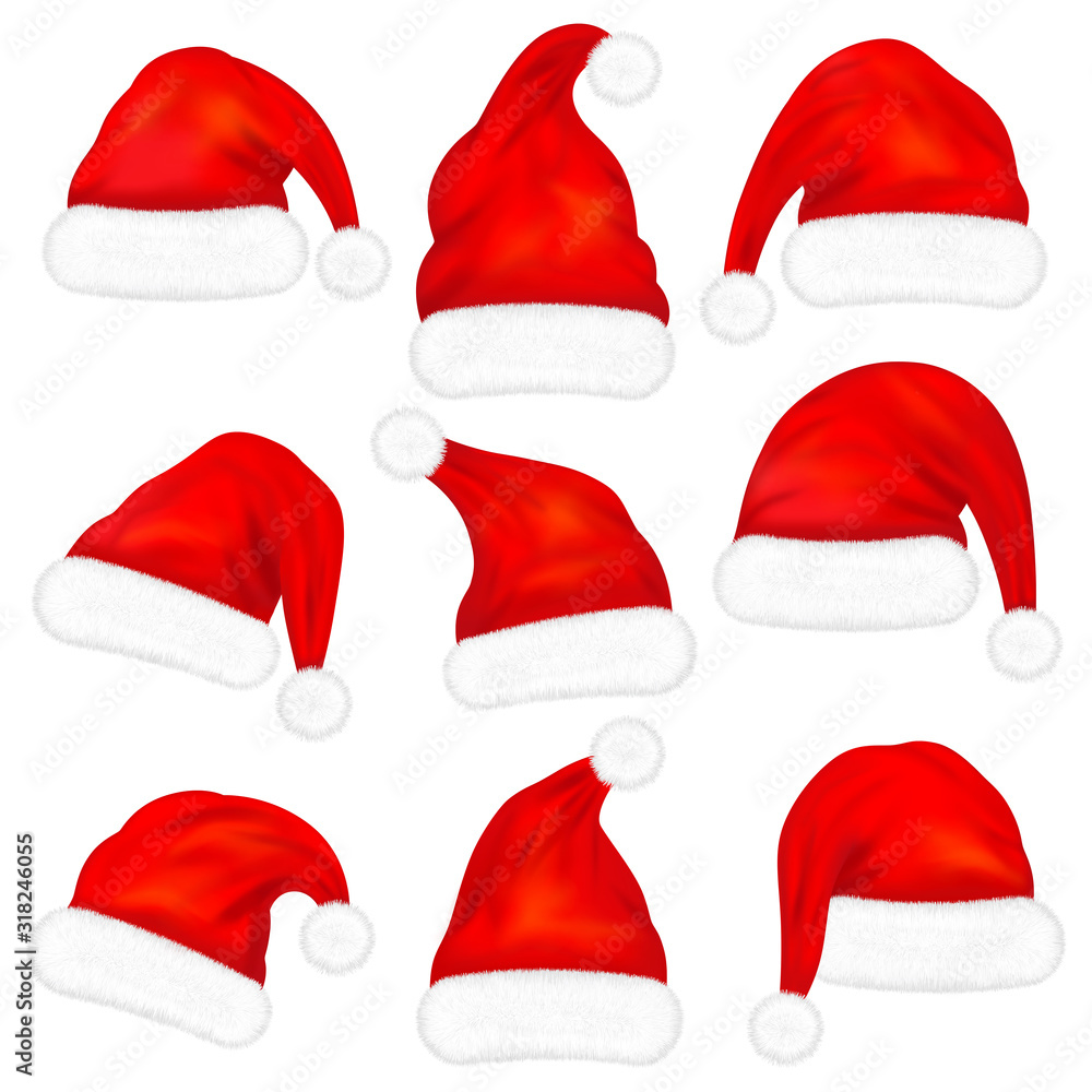 Set of red santa claus hats with fur isolated on white background. Illustration Set of red santa claus hats with fur isolated on white background. Illustration