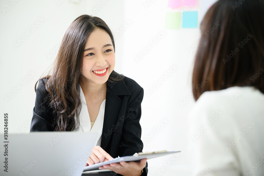 Job interview, We are hiring, Human resource and recruitment concept. Beautiful young asian businesswoman talking applicant people - obrazy, fototapety, plakaty 