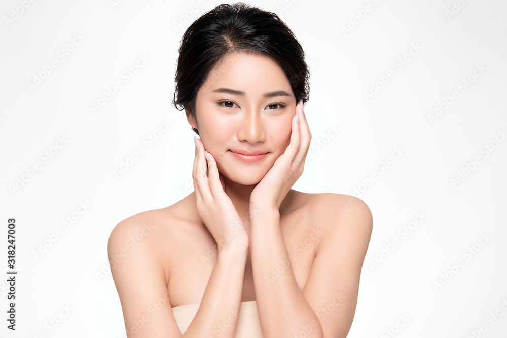 Portrait beautiful young asian woman clean fresh bare skin concept. Asian girl beauty face skincare and health wellness, Facial treatment, Perfect skin, Natural make up, on white background,two Portrait beautiful young asian woman clean fresh bare skin concept. Asian girl beauty face skincare and health wellness, Facial treatment, Perfect skin, Natural make up, on white background,two