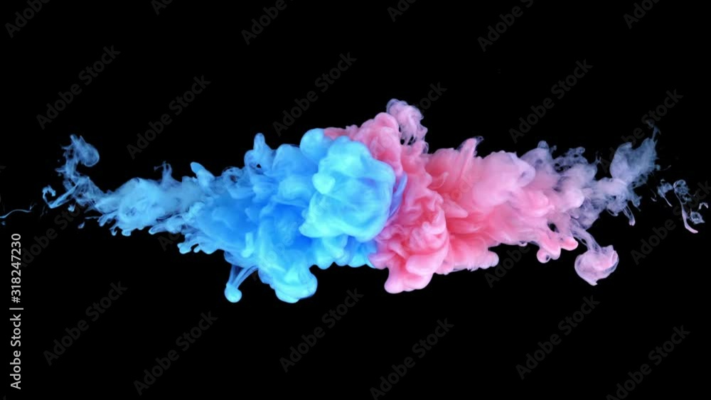 Red and blue ink streams mix in the center. Colorful abstract mix of acrylic iridescent ink on a black background. Ink in water, slow motion. Red and blue ink streams mix in the center. Colorful abstract mix of acrylic iridescent ink on a black background. Ink in water, slow motion.