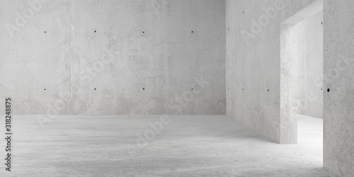 Abstract empty, modern concrete room with indirect lighting from door opening in right wall - industrial interior background template, 3D illustration
