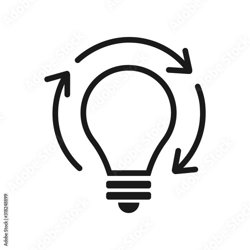 Idea generation linear icon. Thin line illustration. Startup development. New business concept. Innovations. Light bulb with cogwheels inside and circle arrow. Vector isolated drawing.